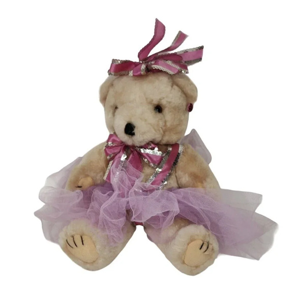 Unbranded Jointed Teddy Bear With Purple Bow and Tutu Tan 8 inch - Picture 1 of 5